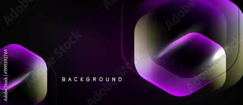 Dark background features layered hexagon shapes. Gradient colors shift from gold to purple. Modern design, abstract elements present.