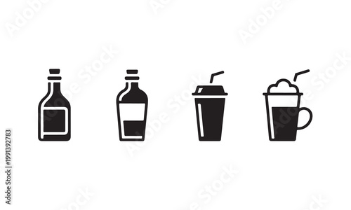 Drink bottle and cup icons set. liquor, beverage, coffee, and frappe signs, vector illustration.