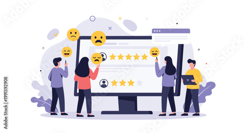 Team of users interacting with a giant monitor to provide customer reviews and star ratings for online services.