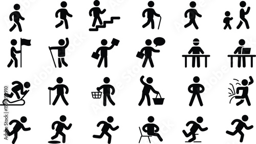 Black silhouette pictogram set of people walking, running, sitting