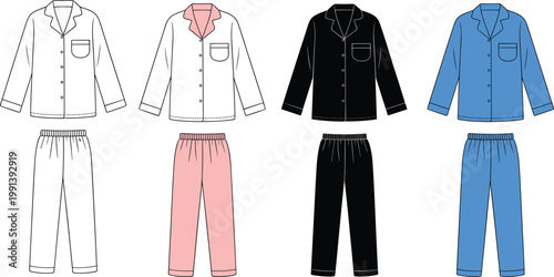 Vector technical fashion sketch set of long sleeve pajama sleepwear suits including shirts and pants in various colors collection