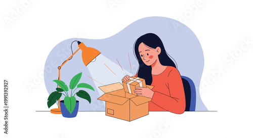 Excited young woman happily unboxing a new delivery package at her home office desk under the warm light of a table lamp.