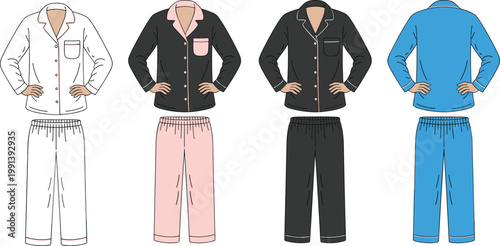 Vector technical fashion sketch set of long sleeve pajama sleepwear suits including shirts and pants in various colors collection