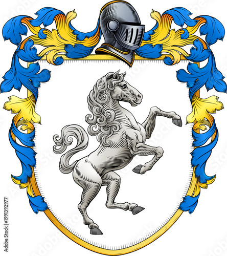A horse coat of arms or crest family heraldry medieval heraldic knight shield with helmet and acanthus filigree scroll ornament in a vintage woodcut style.