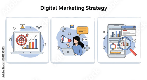 Digital marketing strategy icons showing data analysis, target audience reach, and mobile advertising tools for business growth.