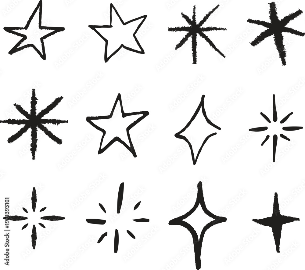 Fototapeta premium Star icon set sketch hand drawn line brush icon set collection group minimalist doodle symbol outline graphic element isolated vector design decorative celestial shape simple artistic mark.