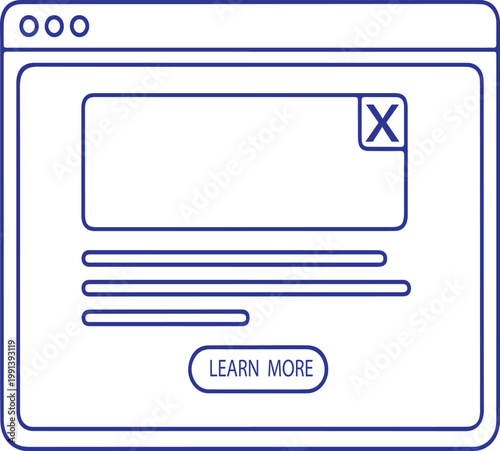 Computer screen displaying a pop-up window with 'learn more' button and close icon pop up call to action UI design computer internet advertising marketing interface notification technology