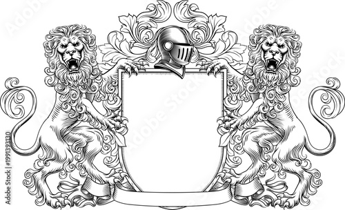 Lions coat of arms or crest family heraldry medieval heraldic knight shield with helmet and acanthus filigree scroll ornament in a vintage woodcut style.