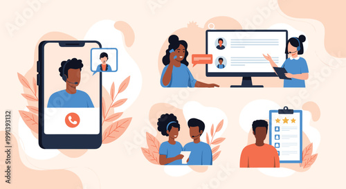 Customer service representative communicating with clients via video call, phone, and computer screen across multiple platforms.