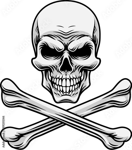 A skull and crossbones pirate crossed bones jolly roger design in a vintage retro woodcut style