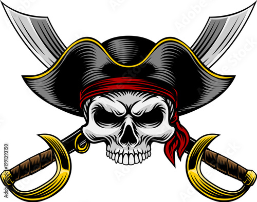Pirate skull crossbones wearing a tricorn captain hat crossing sabers or scimitar cutlass pirate swords. In a vintage retro woodcut style.