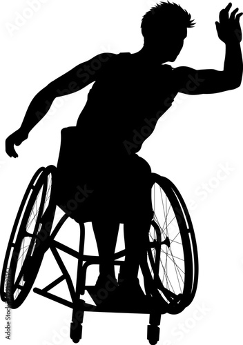 Silhouette of male athlete man in sports wheelchair basket baller basketball player.
