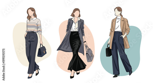 Three fashionable women in elegant business and casual outfits posing together against various stylish pastel backgrounds.