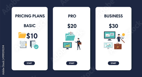 Comparison of three pricing plan tiers including Basic, Pro, and Business options for a subscription based service.