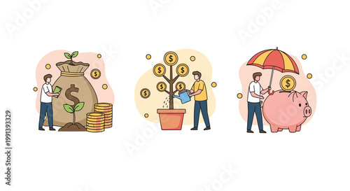 Set of diverse financial concepts showing a money tree, piggy bank savings, and a large money bag with green plant growth.