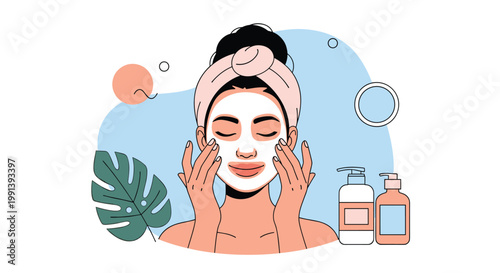 Relaxed woman enjoying a spa day while applying a nourishing facial mask with skin care products and a green tropical leaf.