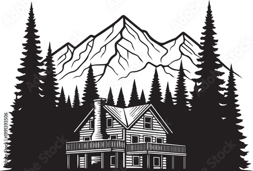 A Black And White Illustration Of A Cozy House In The Woods With A Mountain View isolated on transparent background, Vector, illustration
