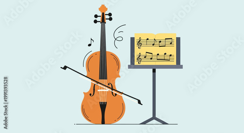 Violin with a bow and music sheet on a stand.