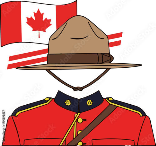 Iconic canadian mounted police officer wearing a traditional wide brimmed hat and a bright red uniform against a white background