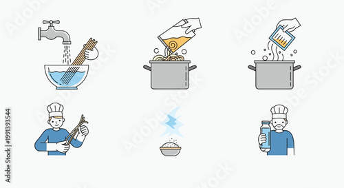 Step by step cooking instructions show washing ingredients, boiling water, adding seasoning, and serving a finished bowl of food.
