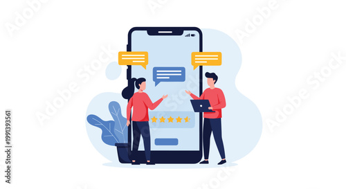 Customer support representatives interact with users via a mobile platform displaying star ratings and chat message bubbles.