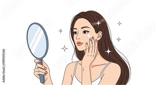 Beautiful young woman admires her clear glowing skin while looking into a hand mirror with sparkling effects around her.