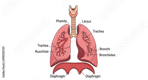 Human Respiratory System Anatomy Diagram with Lungs and Diaphragm.