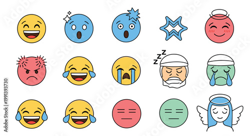Collection of diverse colorful emoticons represents a wide range of human emotions from joy and surprise to sadness and anger.