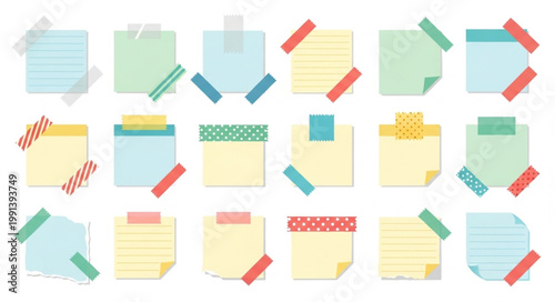 Collection of colorful sticky notes with tape and paper clips.