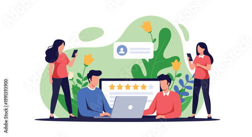 Team of professionals monitors online reviews and customer ratings on a digital platform set against a nature backdrop.