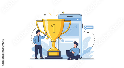 Business professionals celebrate a major achievement symbolized by a large gold trophy and positive data on a mobile screen.