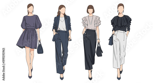 Group of elegant women in diverse professional and fashionable outfits walks forward with immense confidence and style.