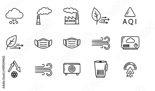Cuadro en lienzo Air quality outline icon set with pollution environment and AQI symbols in clean
