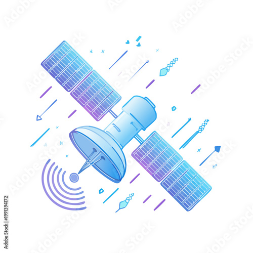 A blue satellite with solar panels in space