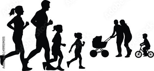 Active Family Silhouette Running and Cycling Together with Stroller Representing Healthy Lifestyle and Fitness for All Ages