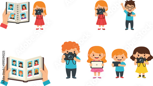 Kids photography and photo album vector illustration set with children holding cameras taking pictures and scrapbook memory collection in cute style