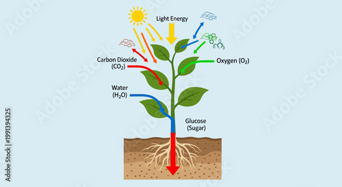 Photosynthesis process in a plant with light energy and chemical reactions.