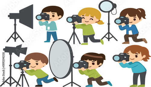 Kids photography studio vector illustration set with children photographers cameras lighting equipment and photo shooting elements