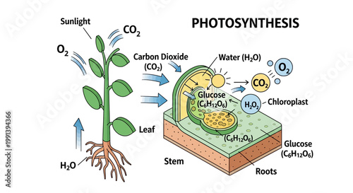 Photosynthesis process in plants showing sunlight carbon dioxide water and oxygen.