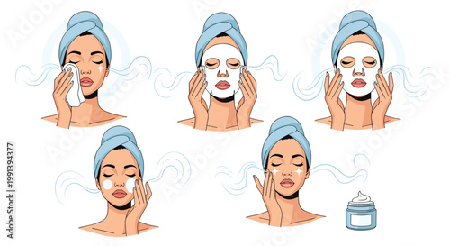 Illustrated steps of a woman performing her daily skincare routine using face masks and moisturizing beauty products for healthy skin.