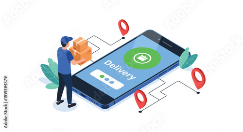 Delivery courier standing next to a large smartphone screen showing global shipping tracking with location pins and package boxes.