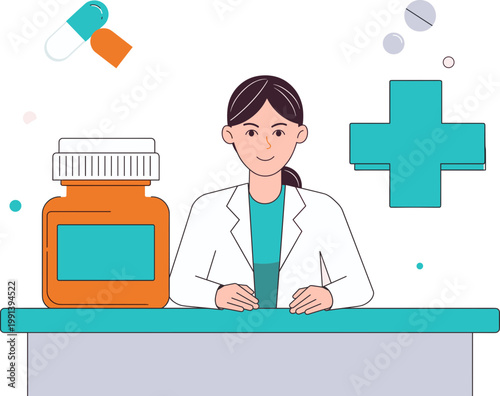 A female pharmacist prepares medication at a counter with a bottle and pills.