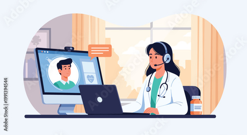 Female doctor wearing a headset conducting a telemedicine video call consultation with a male patient on a computer monitor.
