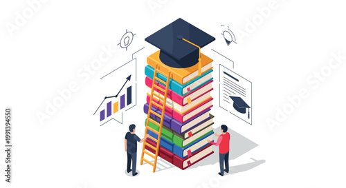 Students standing by a giant stack of books topped with a graduation cap symbolizing academic success and higher education goals.