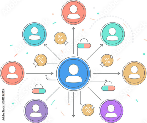 People interact with a central figure through exchanges and connections online.