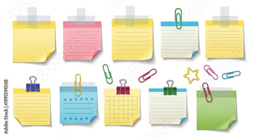 Collection of colorful sticky notes with clips and pins.