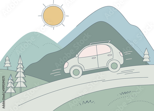 A car drives on a scenic mountain road under sunny weather with trees.
