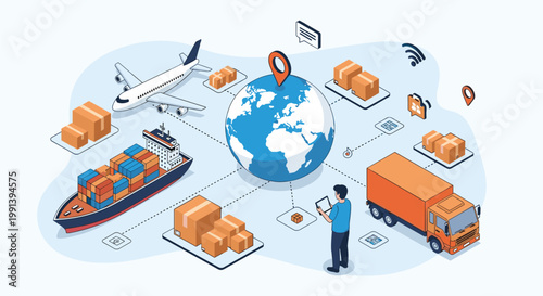 Global logistics and shipping network showing various transport modes like planes and cargo ships and trucks with packages.