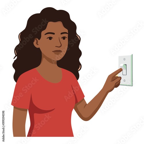 A woman in a red shirt is turning a light switch on the wall.