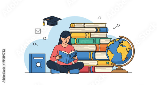 Student sitting on the floor and reading a book next to a massive stack of textbooks and a world globe for education goals.